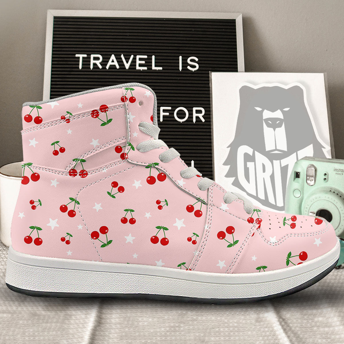 Cherry Pink Print Pattern High Top Sneakers-grizzshop