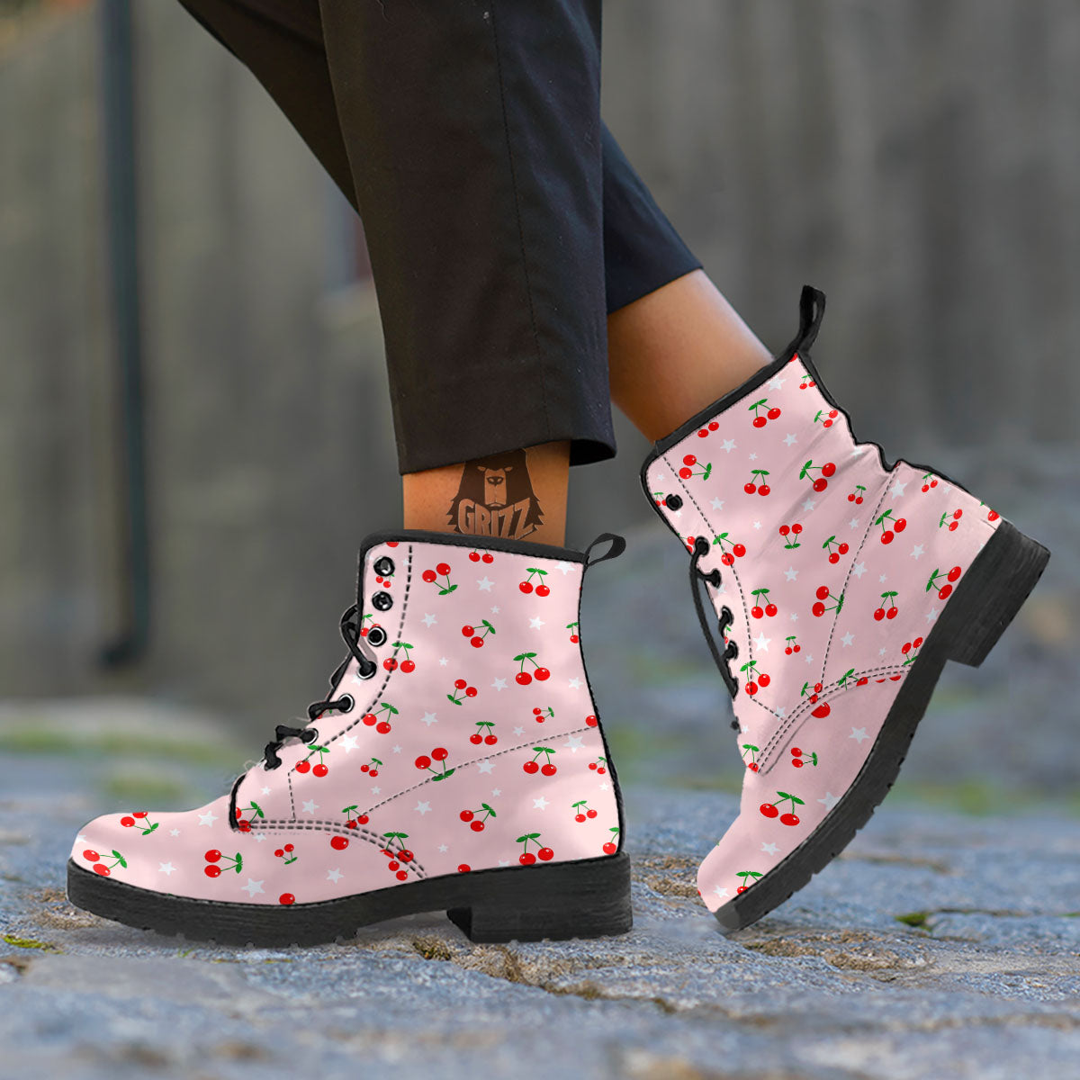 Cherry Pink Print Pattern Leather Boots-grizzshop