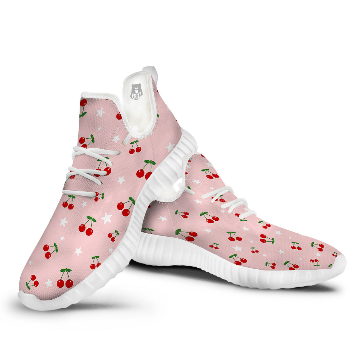 Cherry Pink Print Pattern White Walking Shoes-grizzshop