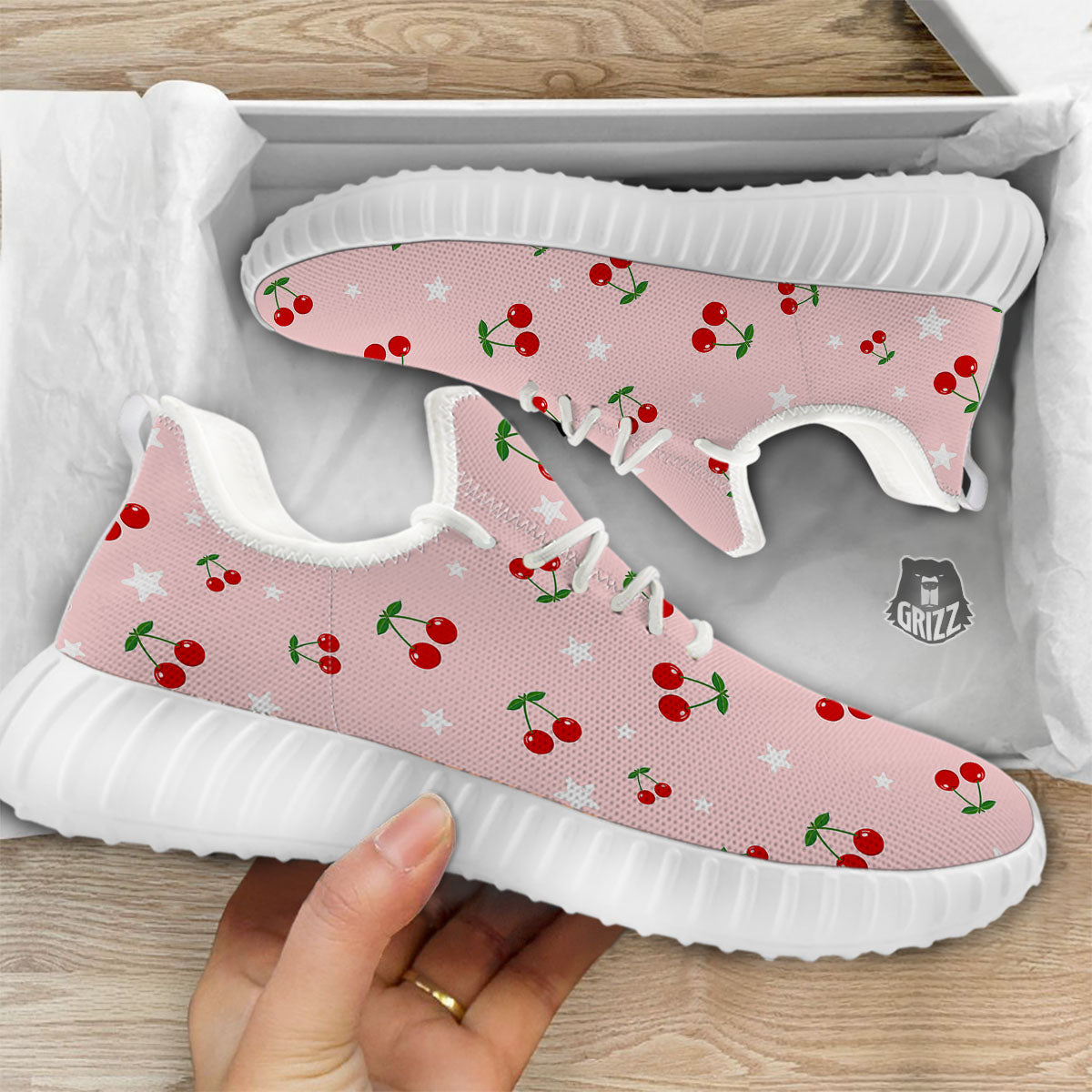 Cherry Pink Print Pattern White Walking Shoes-grizzshop