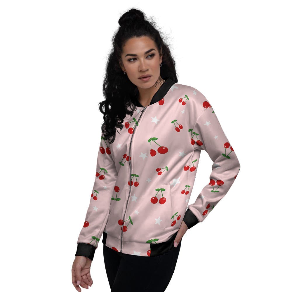 Cherry Pink Print Pattern Women's Bomber Jacket-grizzshop
