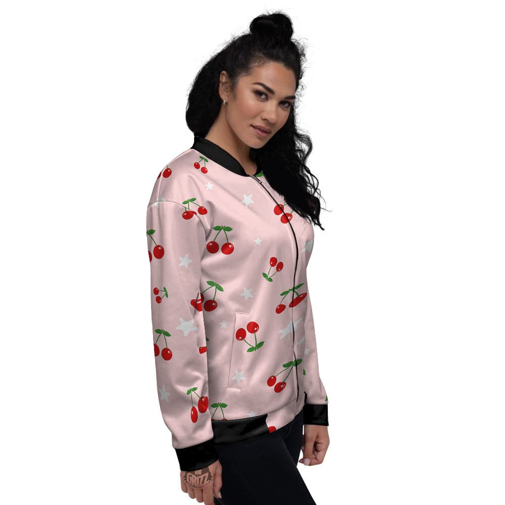 Cherry Pink Print Pattern Women's Bomber Jacket-grizzshop