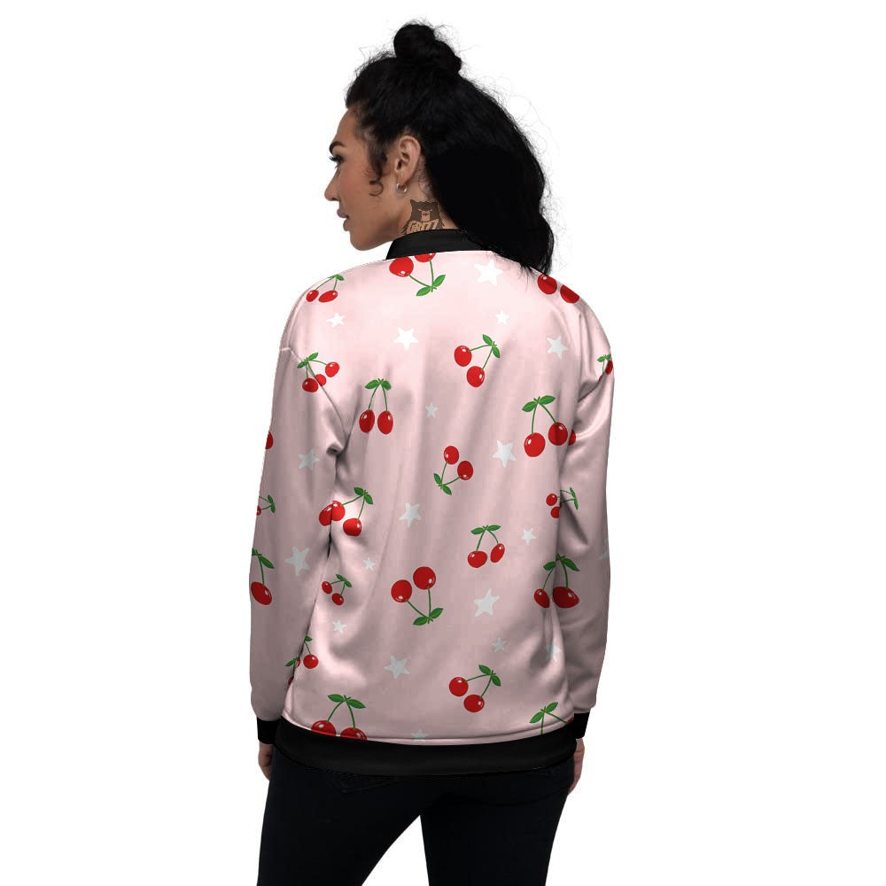 Cherry Pink Print Pattern Women's Bomber Jacket-grizzshop