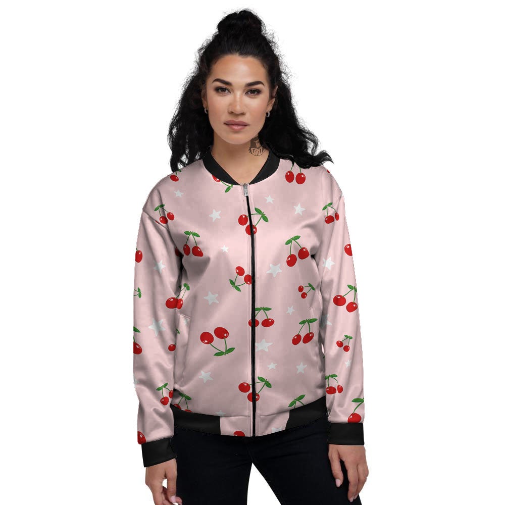 Cherry Pink Print Pattern Women's Bomber Jacket-grizzshop