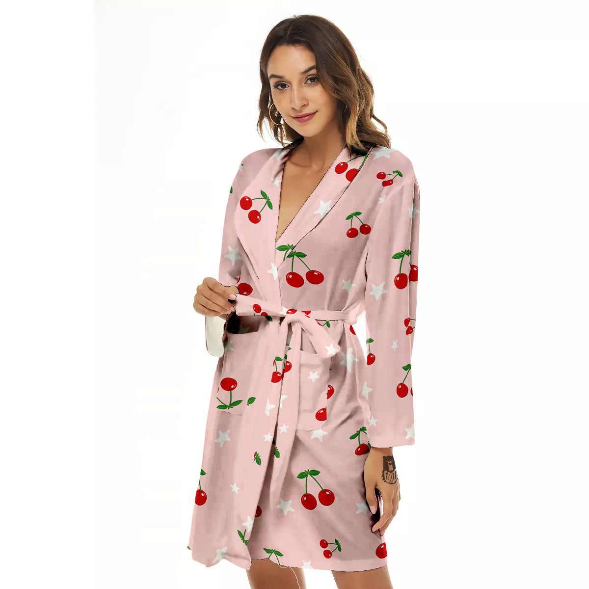 Cherry Pink Print Pattern Women's Robe-grizzshop