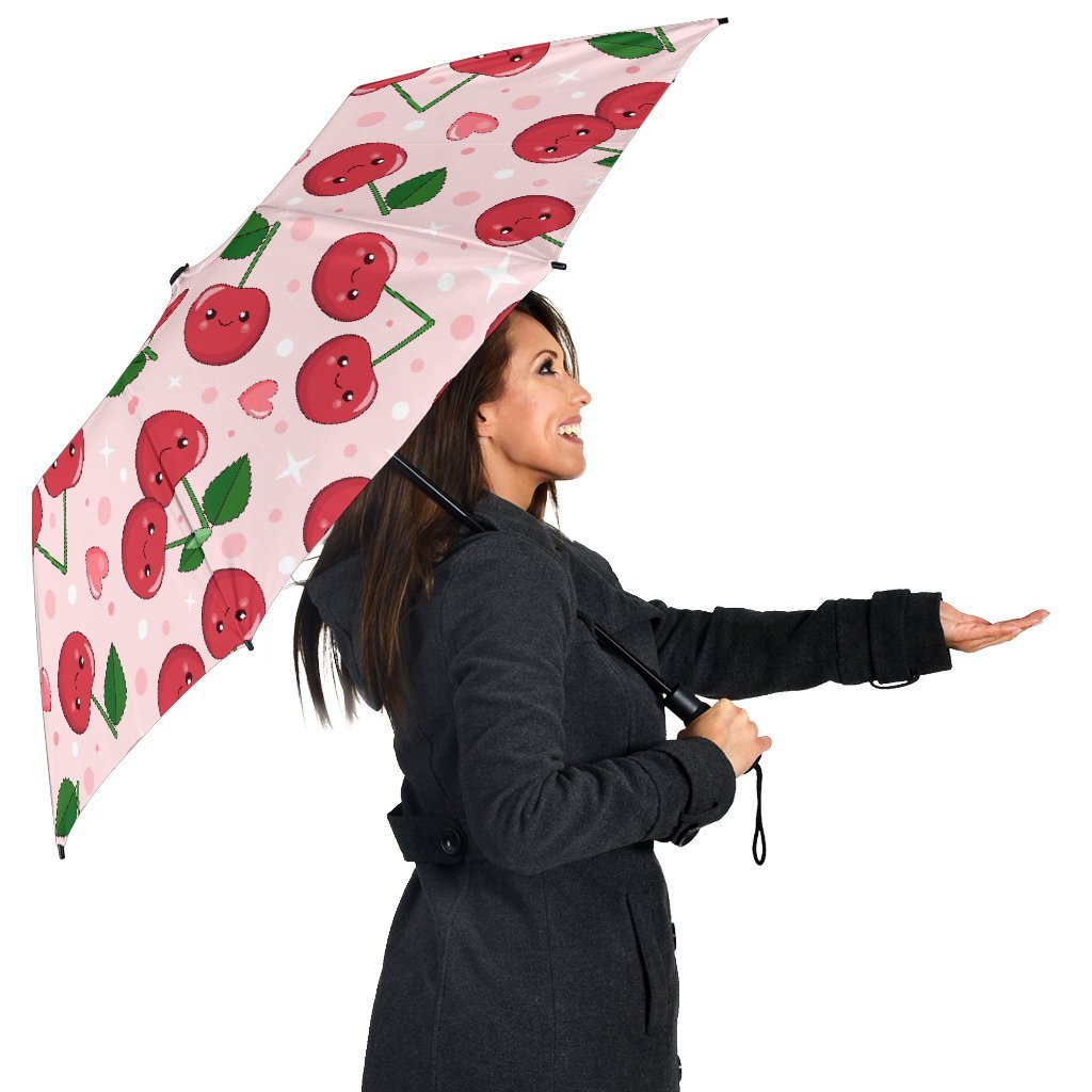 Cherry Print Pattern Automatic Foldable Umbrella-grizzshop