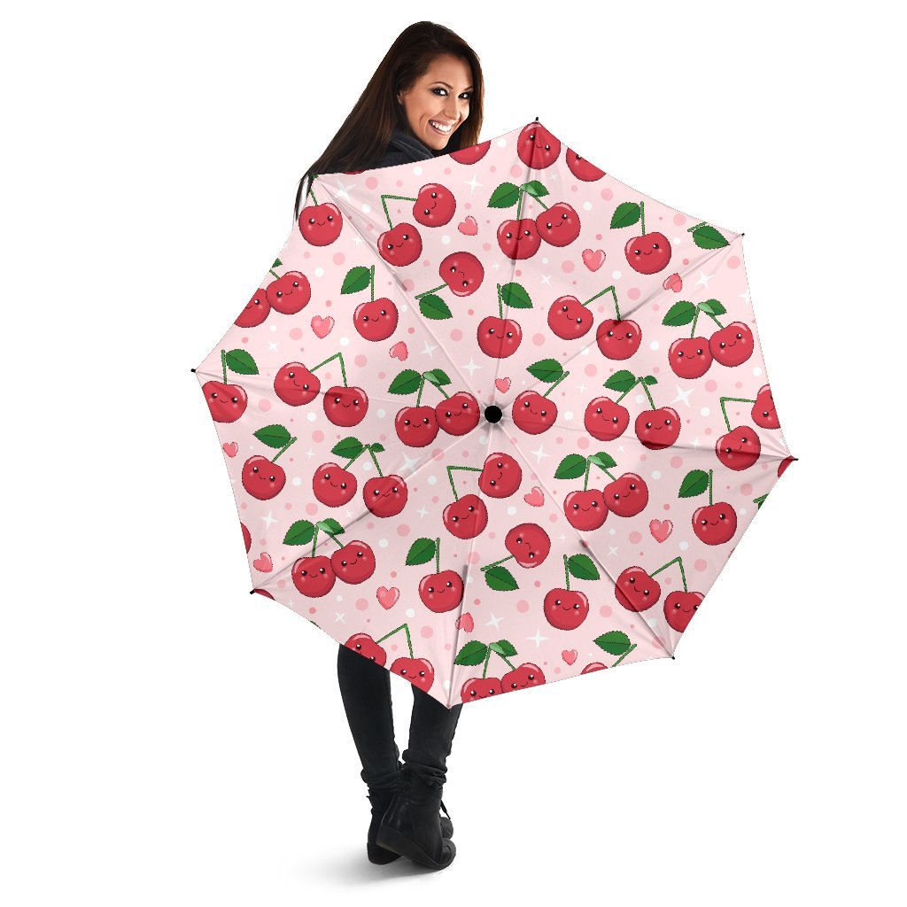 Cherry Print Pattern Automatic Foldable Umbrella-grizzshop