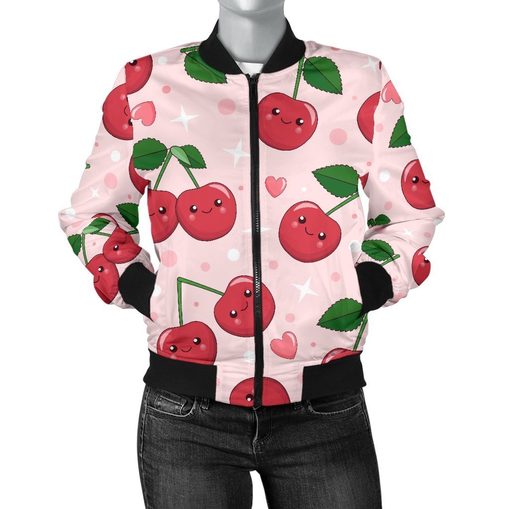 Cherry Print Pattern Women Casual Bomber Jacket-grizzshop