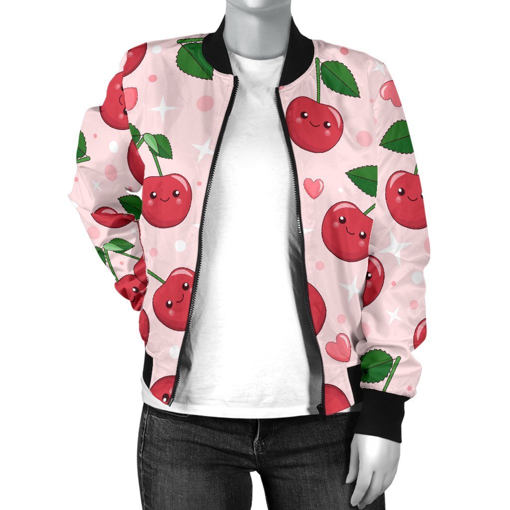 Cherry Print Pattern Women Casual Bomber Jacket-grizzshop