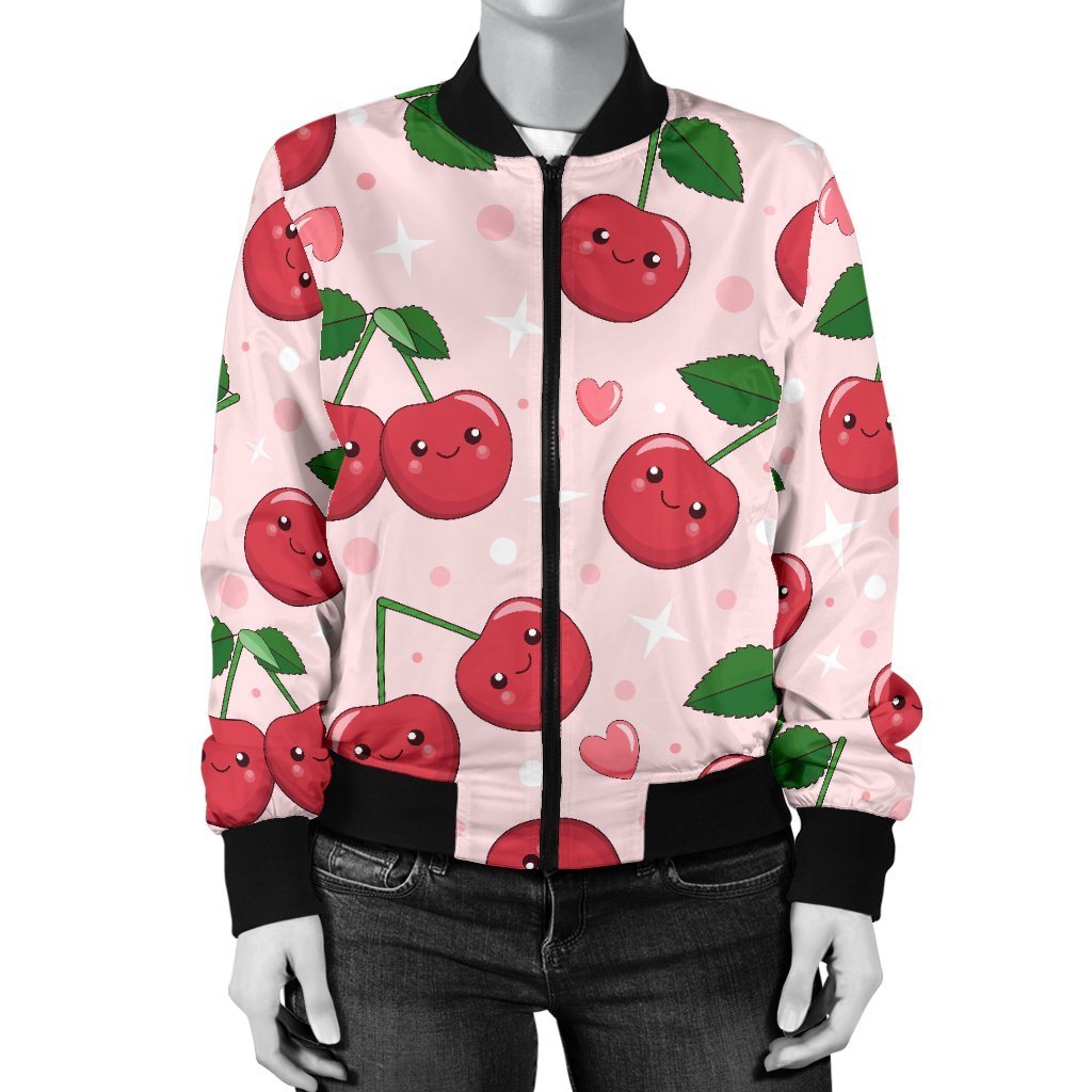 Cherry Print Pattern Women Casual Bomber Jacket-grizzshop