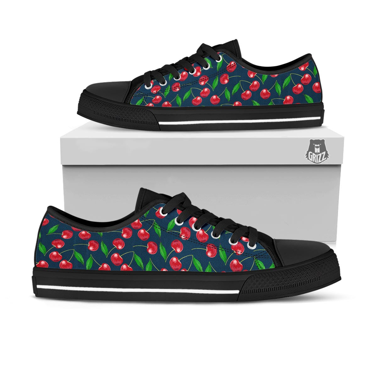 Cherry Red Print Pattern Black Low Top Shoes-grizzshop