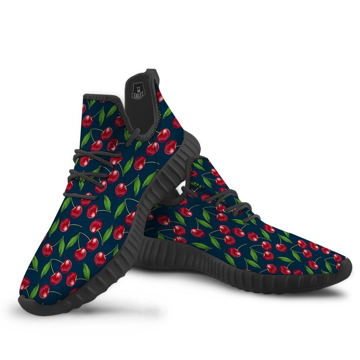 Cherry Red Print Pattern Black Walking Shoes-grizzshop