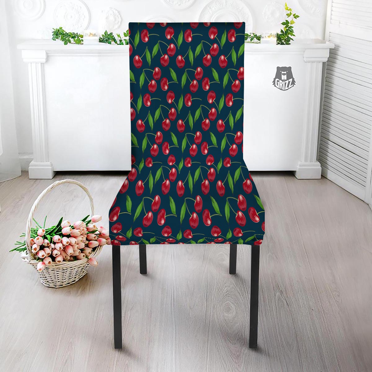 Cherry Red Print Pattern Dining Chair Slipcover-grizzshop