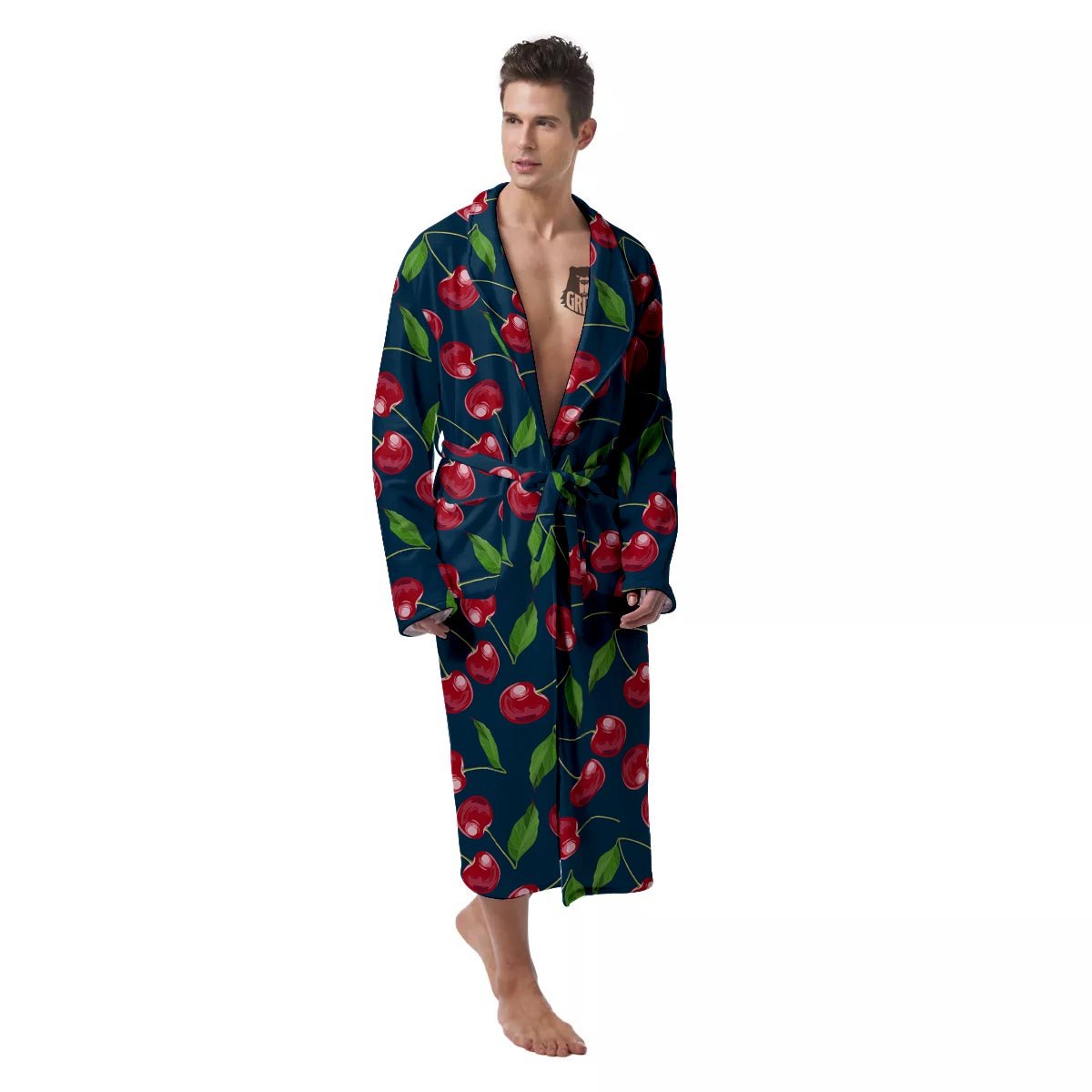 Cherry Red Print Pattern Men's Robe-grizzshop