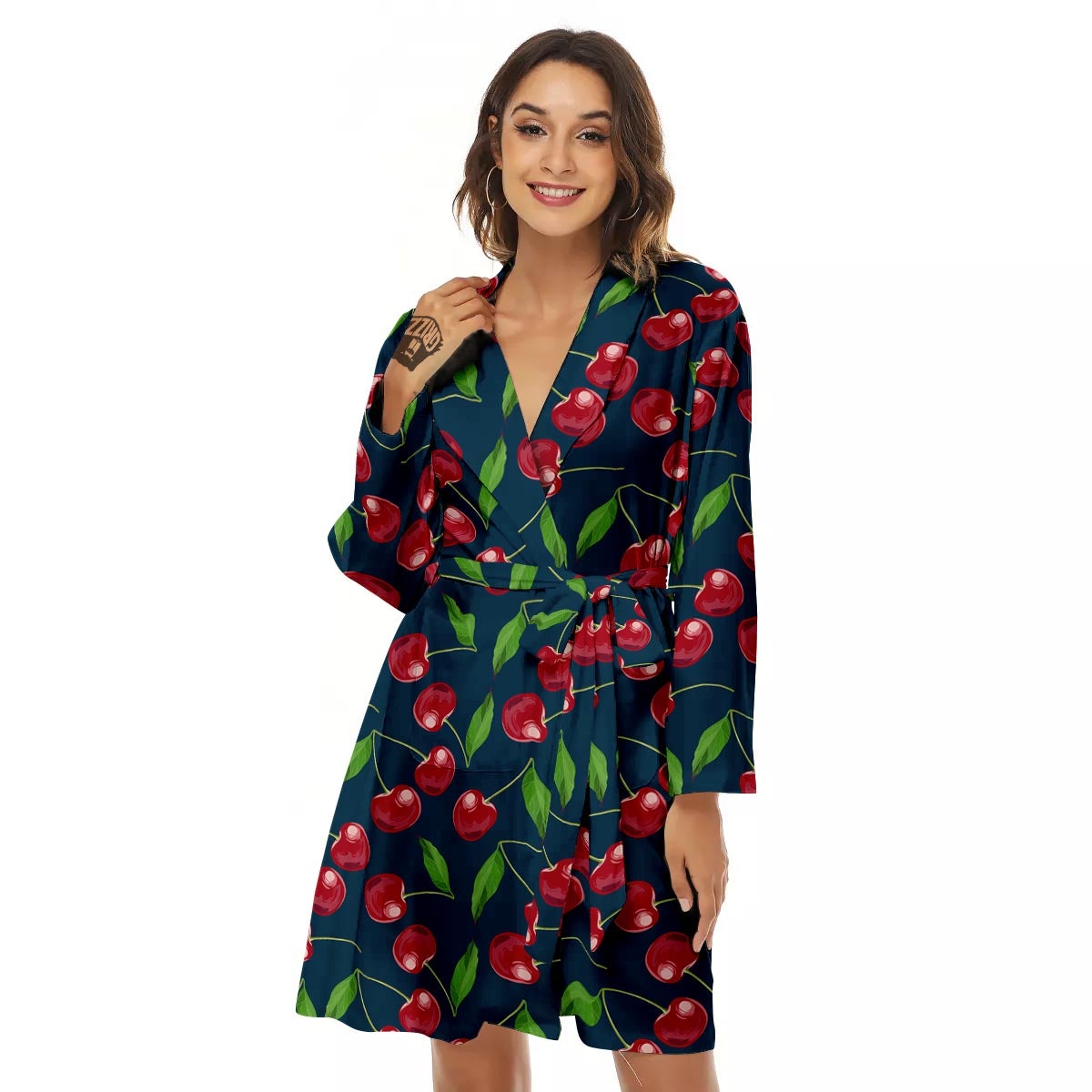 Cherry Red Print Pattern Women's Robe-grizzshop