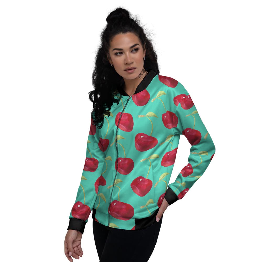 Cherry Watercolor Print Pattern Women's Bomber Jacket-grizzshop