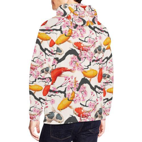 Cherry Blossom Koi Fish Pattern Print Men Pullover Hoodie-grizzshop