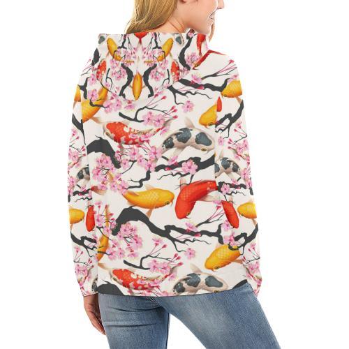 Cherry Blossom Koi Fish Pattern Print Women Pullover Hoodie-grizzshop