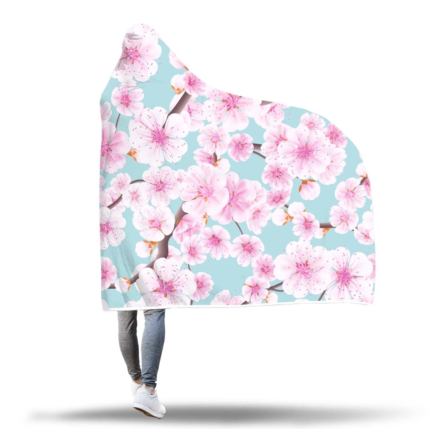 Cherry Blossom Sakura Blue Hooded Blanket-grizzshop