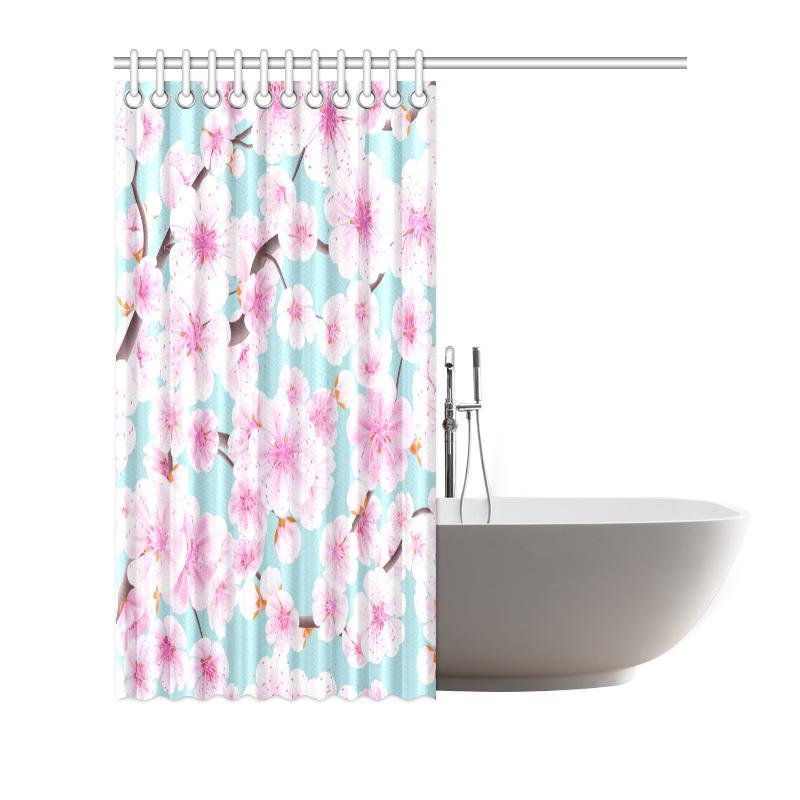 Cherry Blossom Sakura Blue Print Bathroom Shower Curtain-grizzshop