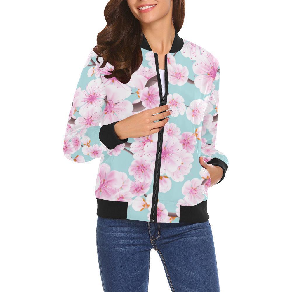 Cherry Blossom Sakura Blue Print Women Casual Bomber Jacket-grizzshop