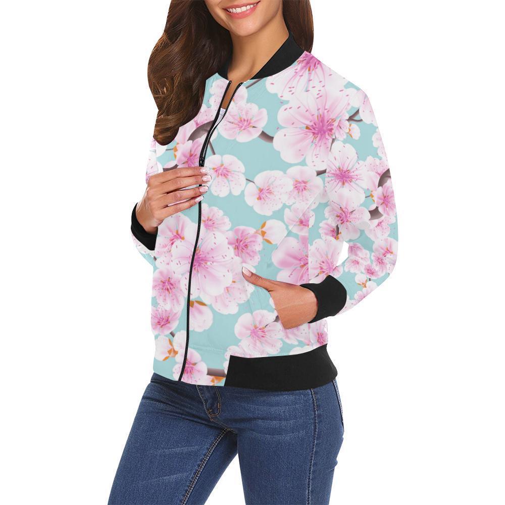 Cherry Blossom Sakura Blue Print Women Casual Bomber Jacket-grizzshop
