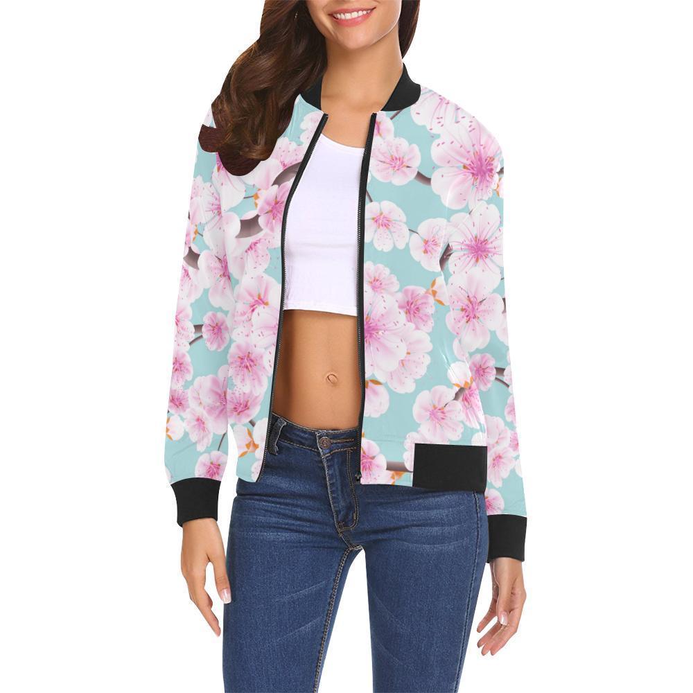 Cherry Blossom Sakura Blue Print Women Casual Bomber Jacket-grizzshop