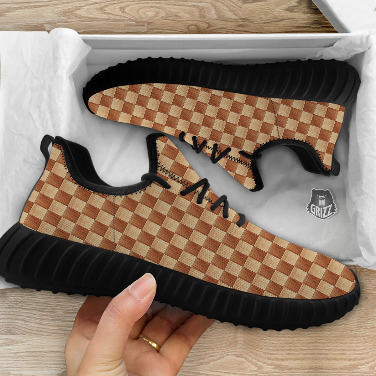 Chess Board Wood Print Pattern Black Walking Shoes-grizzshop