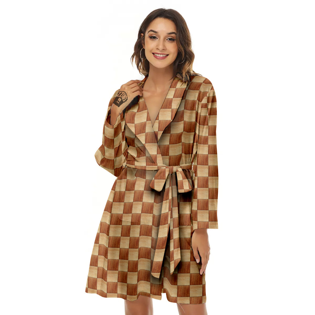 Chess Board Wood Print Pattern Women's Robe-grizzshop