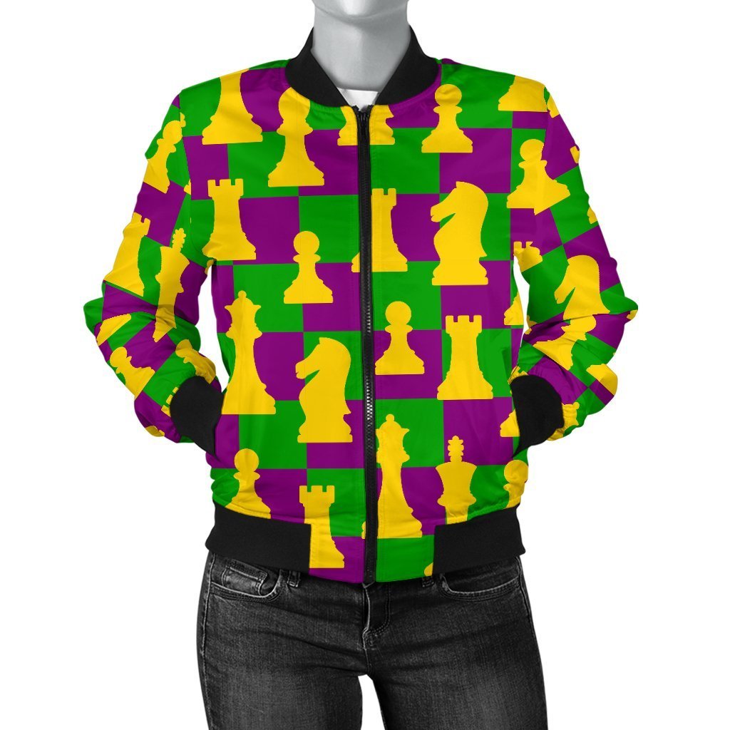 Chess Color Pattern Print Women Casual Bomber Jacket-grizzshop