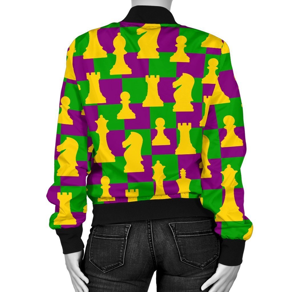 Chess Color Pattern Print Women Casual Bomber Jacket-grizzshop