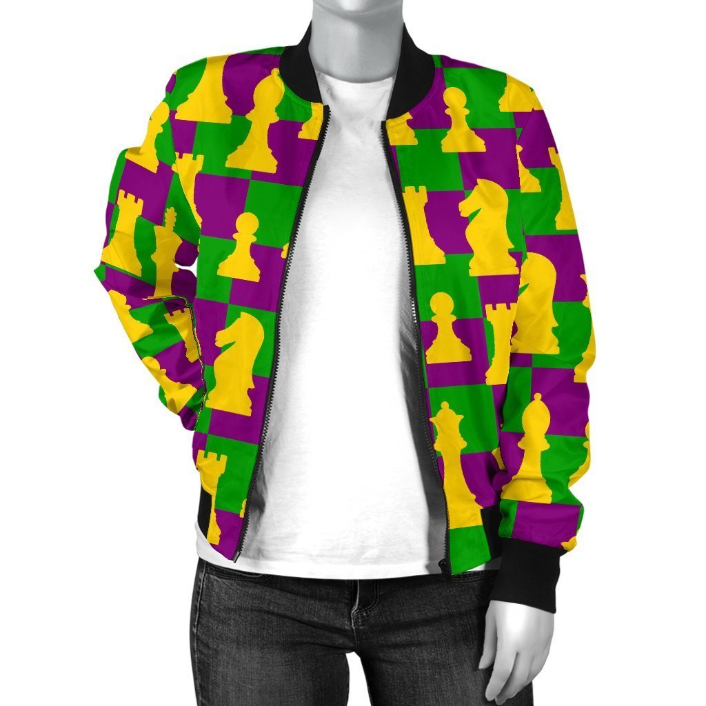 Chess Color Pattern Print Women Casual Bomber Jacket-grizzshop