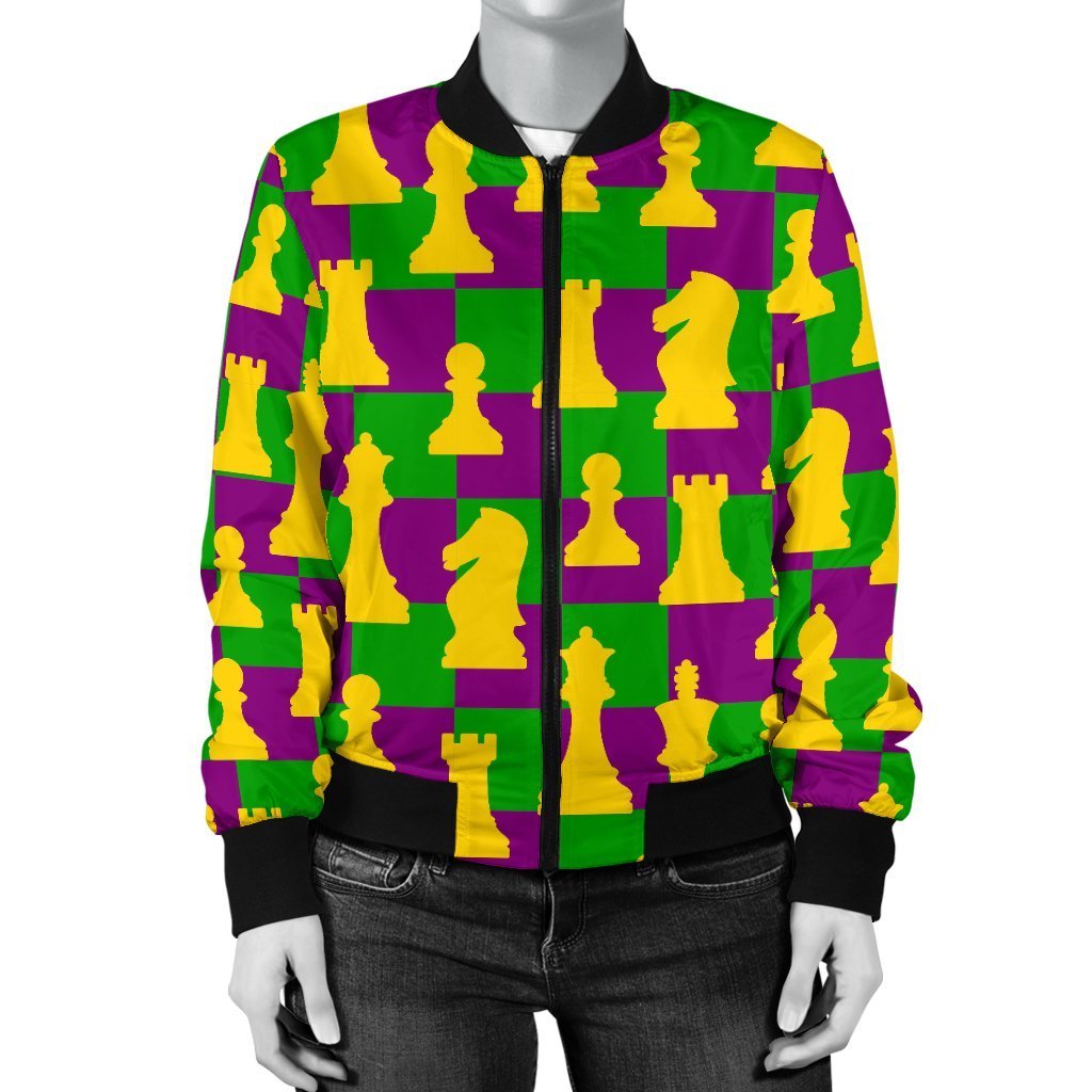 Chess Color Pattern Print Women Casual Bomber Jacket-grizzshop