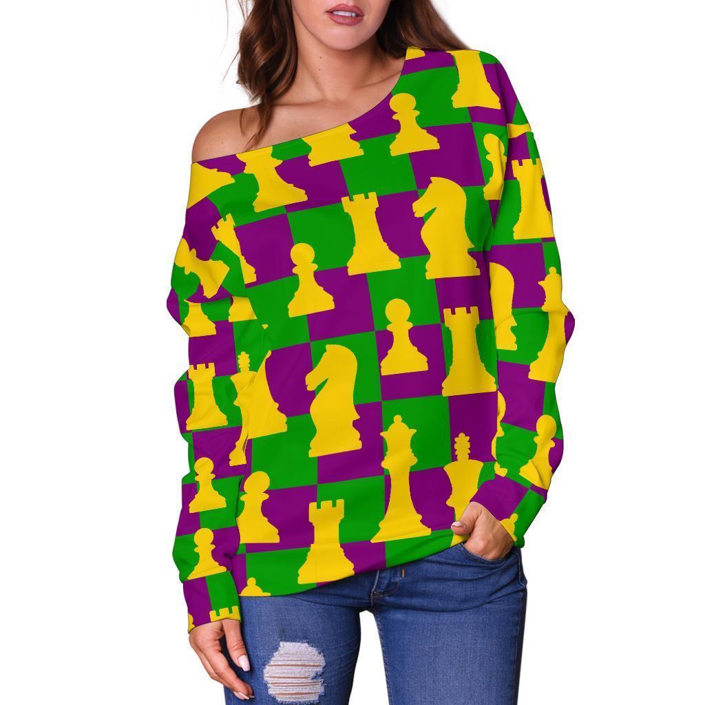 Chess Color Pattern Print Women Off Shoulder Sweatshirt-grizzshop