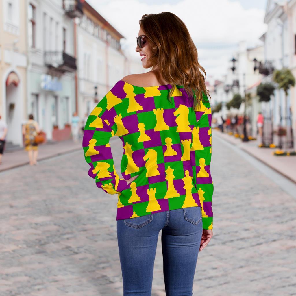 Chess Color Pattern Print Women Off Shoulder Sweatshirt-grizzshop