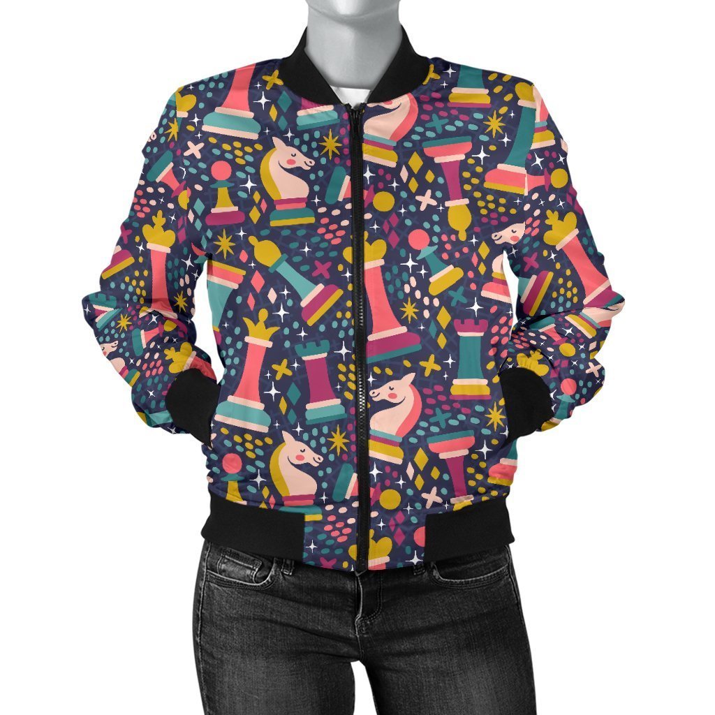 Chess Colorful Pattern Print Women Casual Bomber Jacket-grizzshop