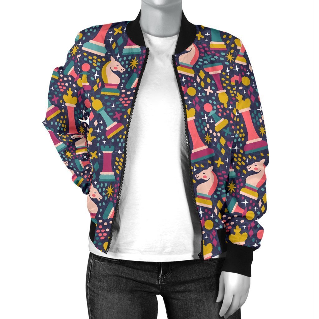 Chess Colorful Pattern Print Women Casual Bomber Jacket-grizzshop