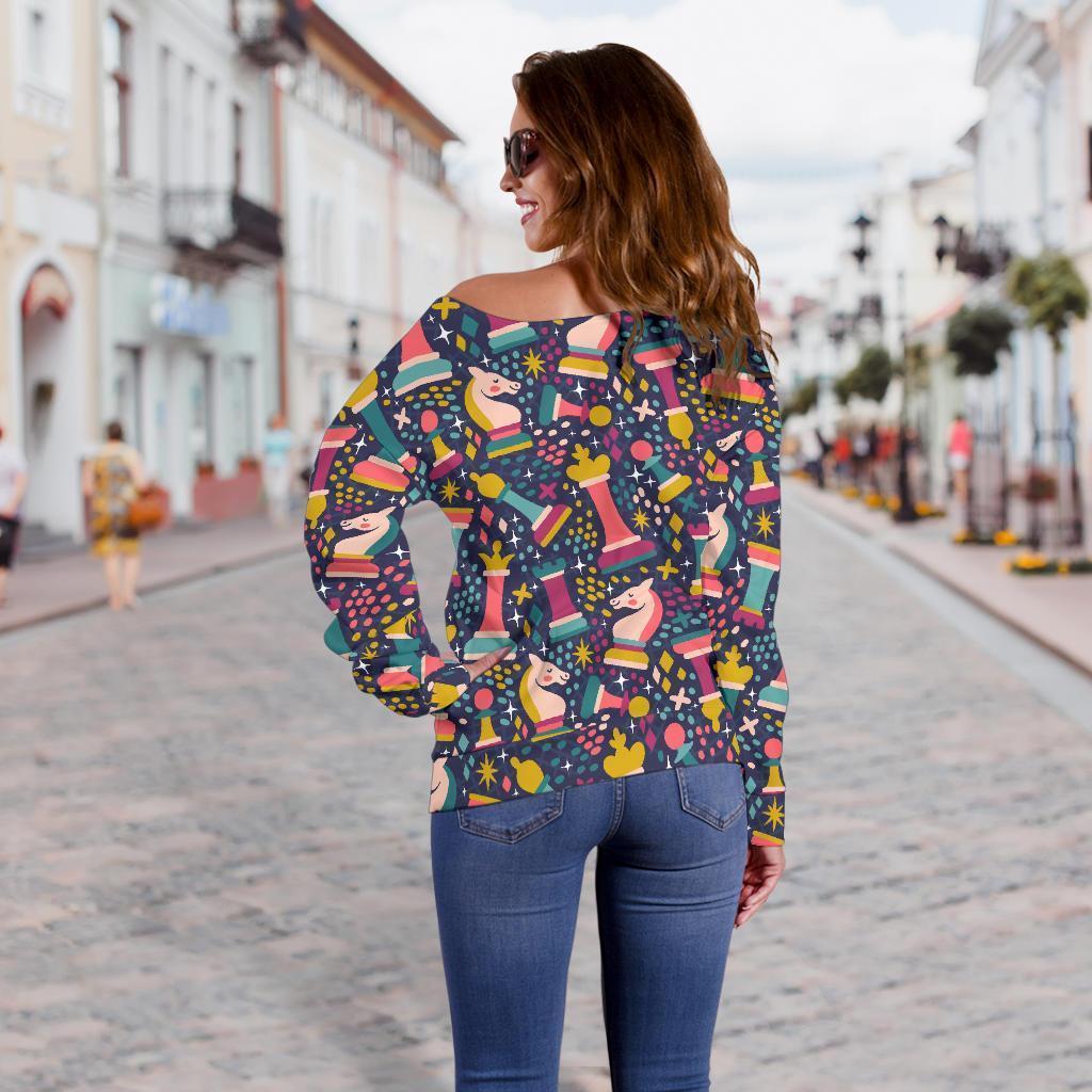 Chess Colorful Pattern Print Women Off Shoulder Sweatshirt-grizzshop