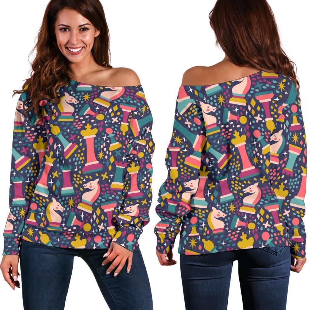 Chess Colorful Pattern Print Women Off Shoulder Sweatshirt-grizzshop