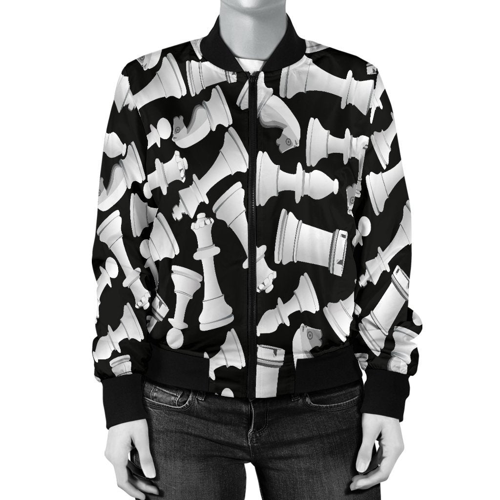 Chess Pattern Print Women Casual Bomber Jacket-grizzshop