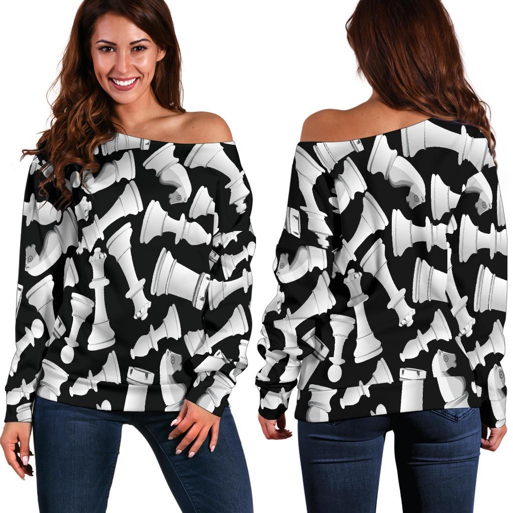 Chess Pattern Print Women Off Shoulder Sweatshirt-grizzshop