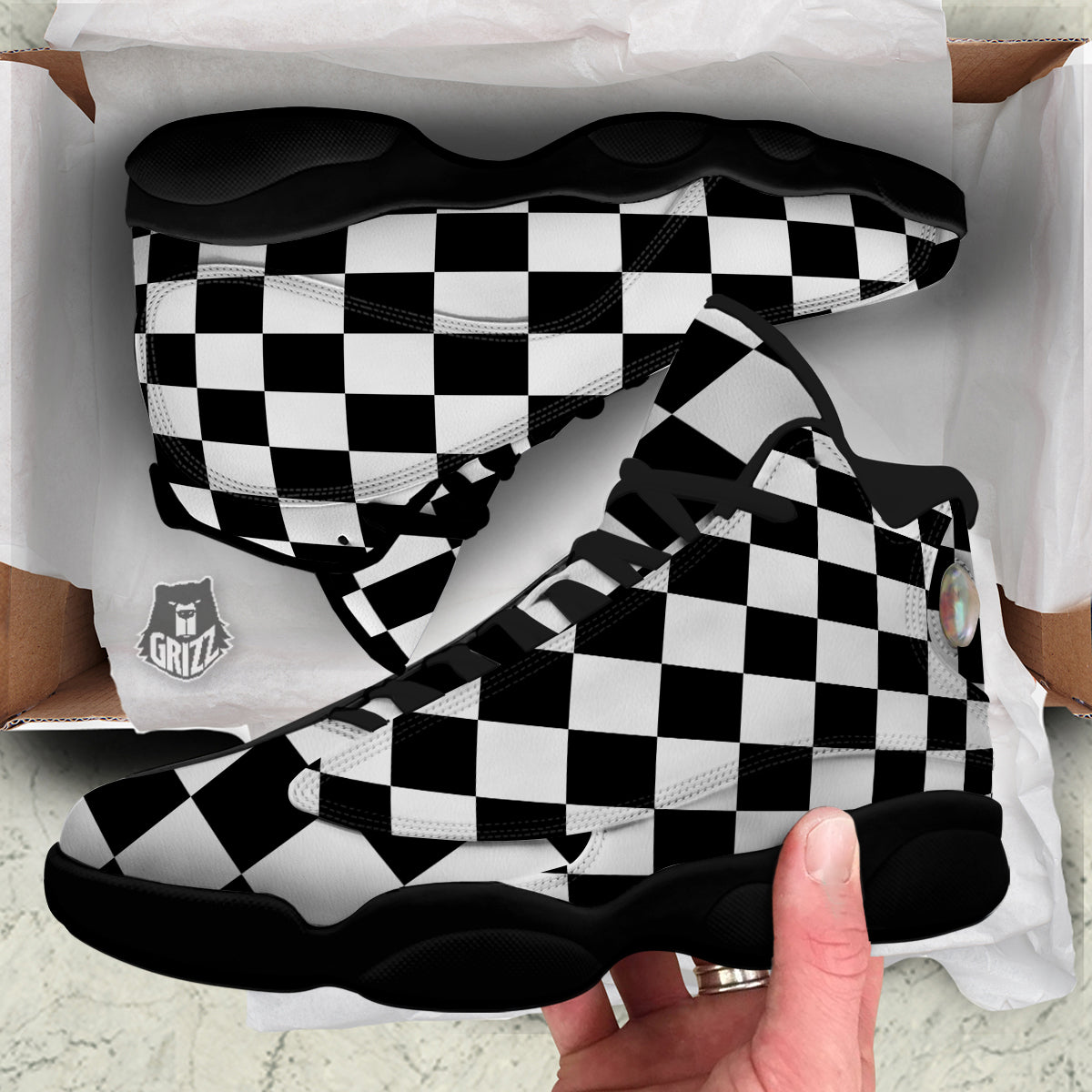 Chessboard Sphere Print Black Basketball Shoes-grizzshop
