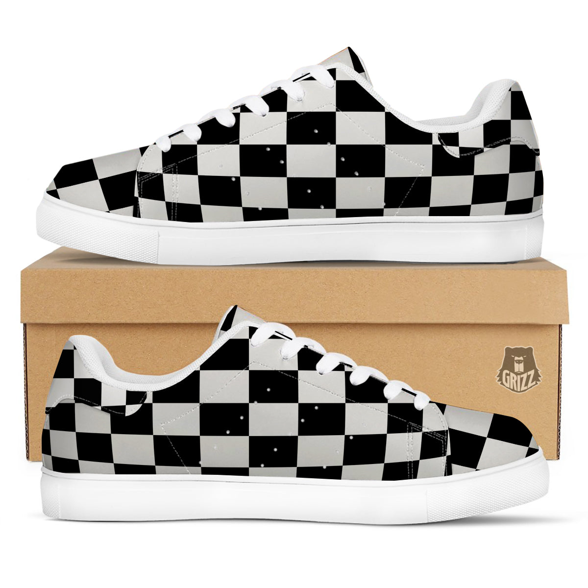 Chessboard Sphere Print White Low Top Sneakers-grizzshop
