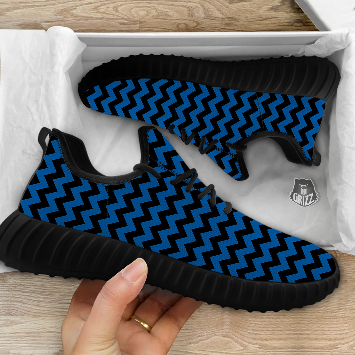 Chevron Blue And Black Print Pattern Black Walking Shoes-grizzshop