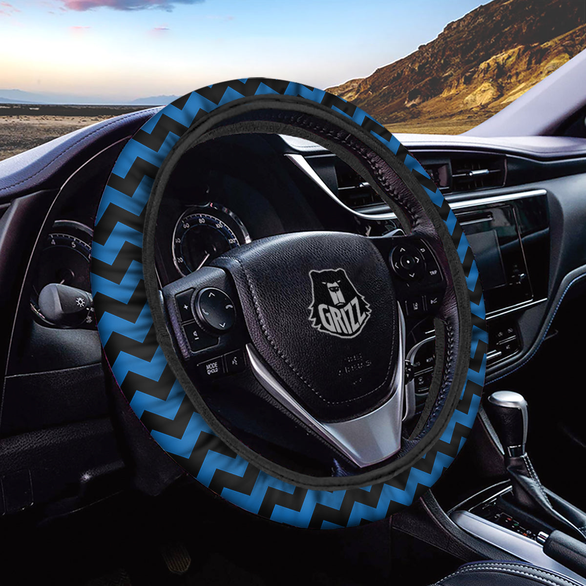 Chevron Blue And Black Print Pattern Car Steering Wheel Cover-grizzshop