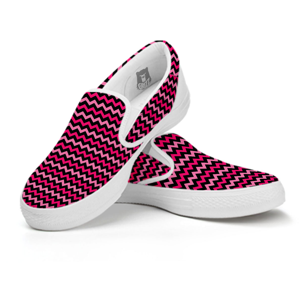 Chevron Pink And Black Print Pattern White Slip On Shoes-grizzshop