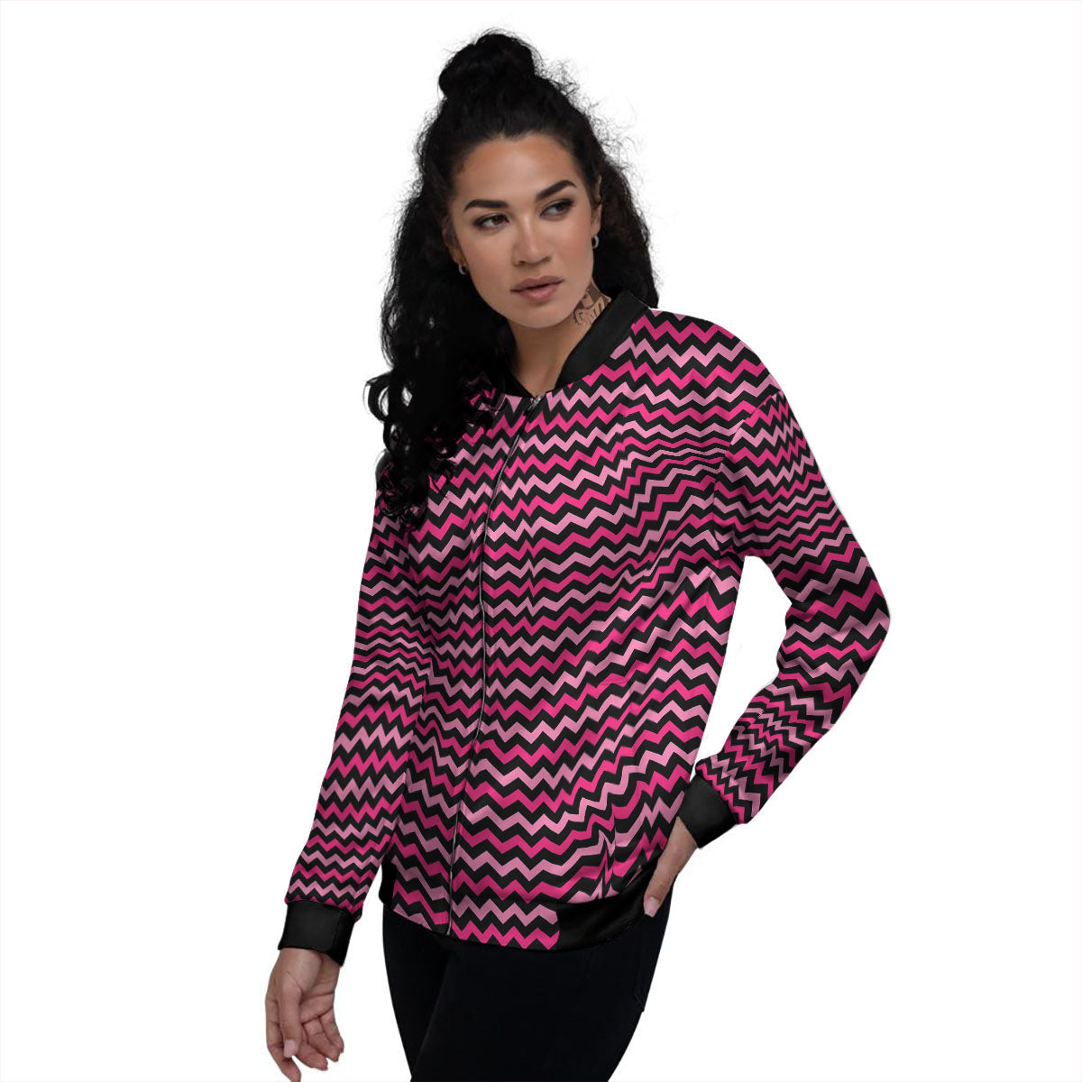 Chevron Pink And Black Print Pattern Women's Bomber Jacket-grizzshop