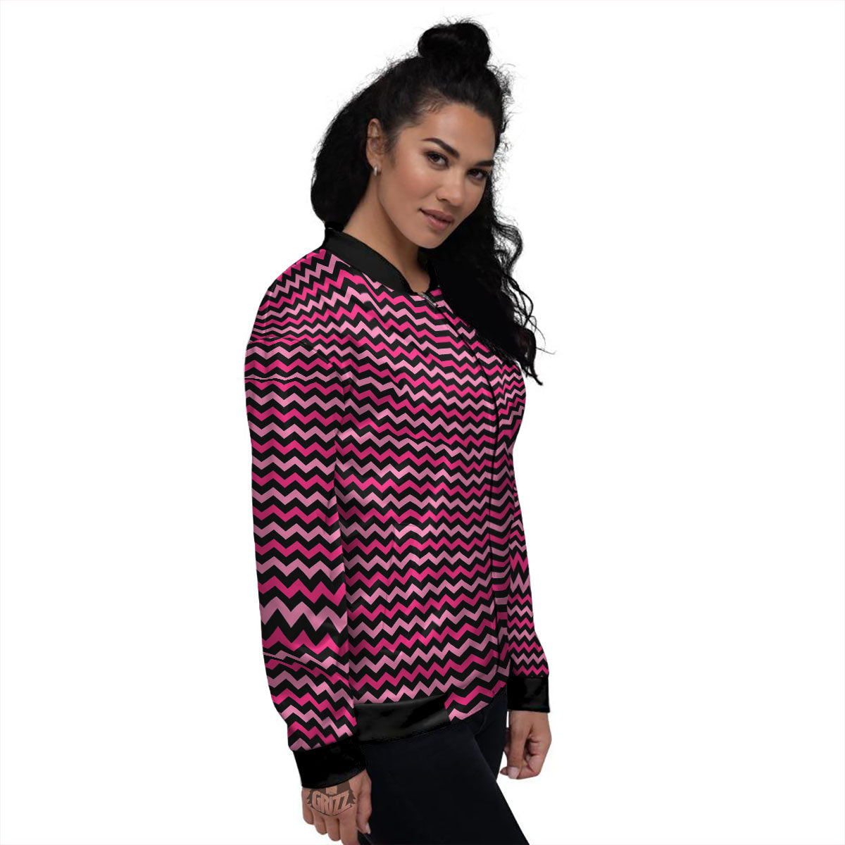 Chevron Pink And Black Print Pattern Women's Bomber Jacket-grizzshop
