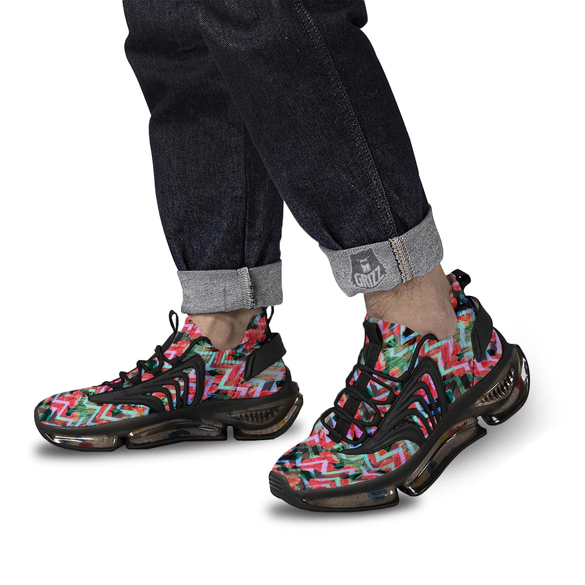 Chevron Red Hibiscus Print Pattern Black Gym Shoes-grizzshop