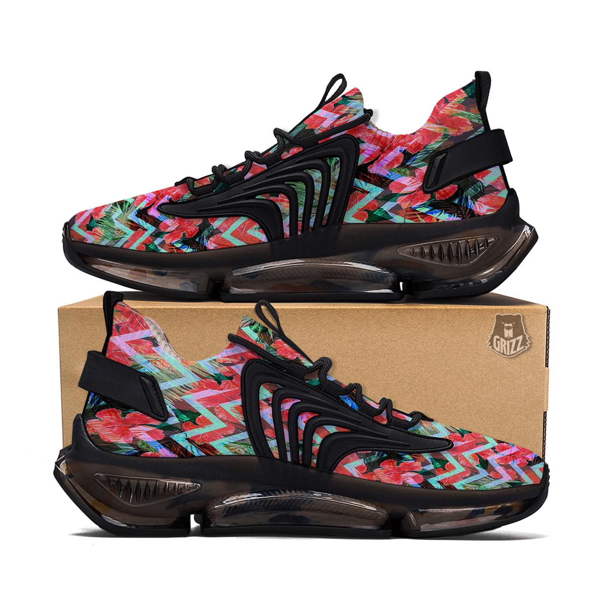 Chevron Red Hibiscus Print Pattern Black Gym Shoes-grizzshop